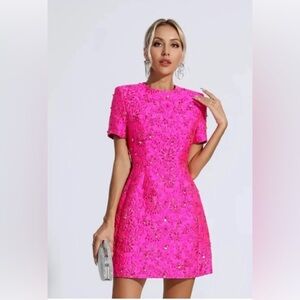 Intricate Sequin Lurex Jacquard Floral Crew Neck Short Sleeve Party Mini Dress